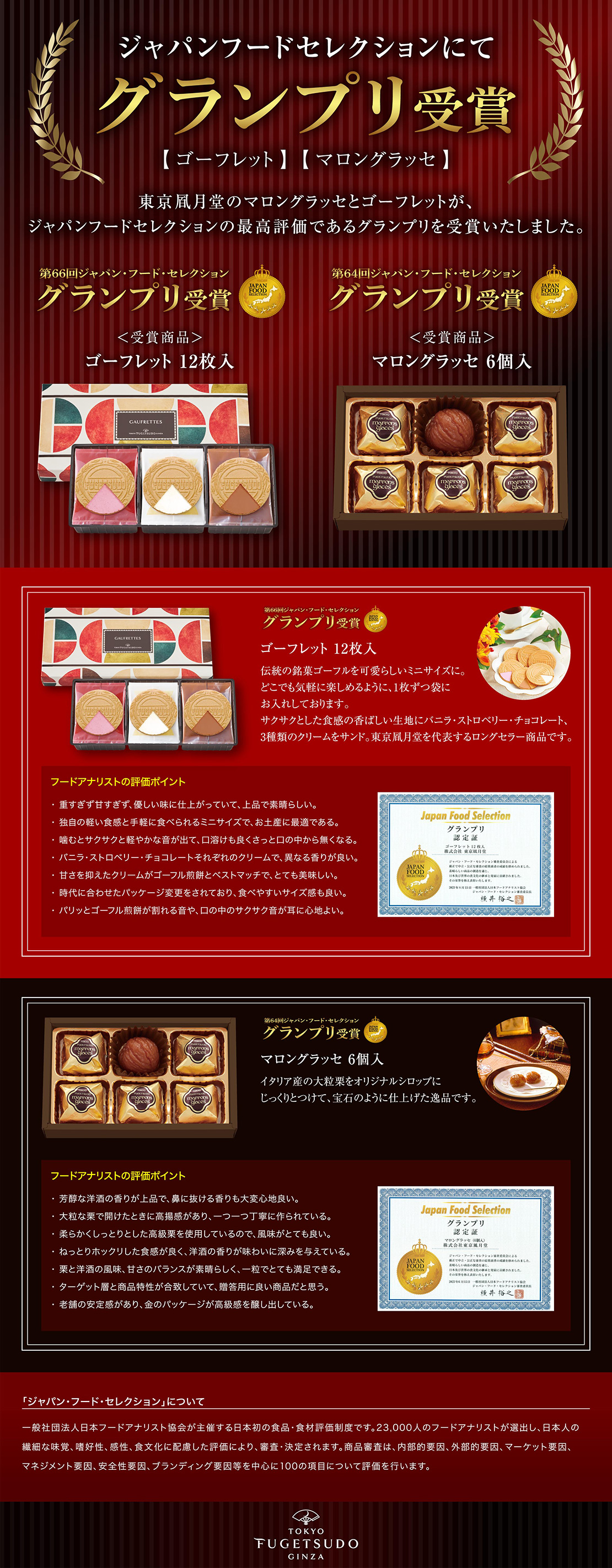 マロングラッセ6個入とゴーフレット12枚入がジャパンフードセレクションの最高賞グランプリを受賞いたしました。